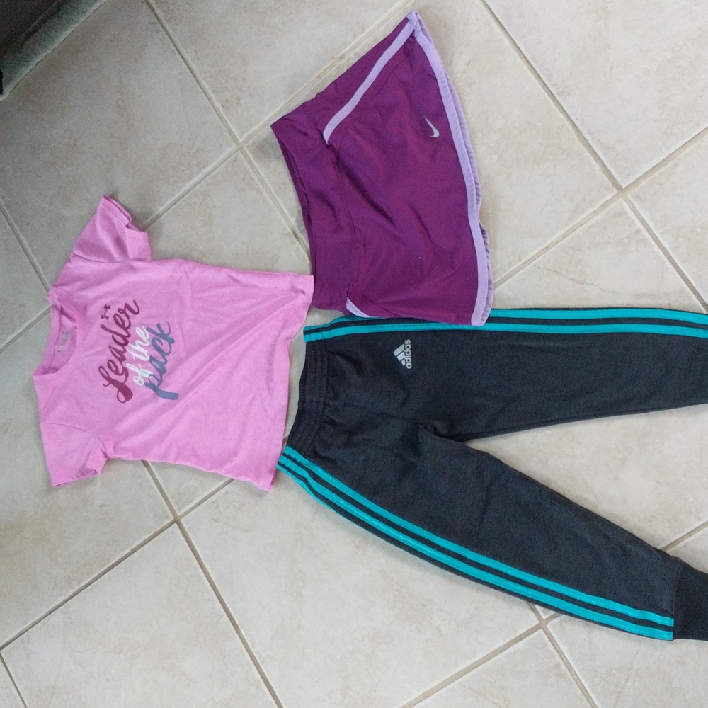 Girl 6 adidas pants, Nike purple skirt, top